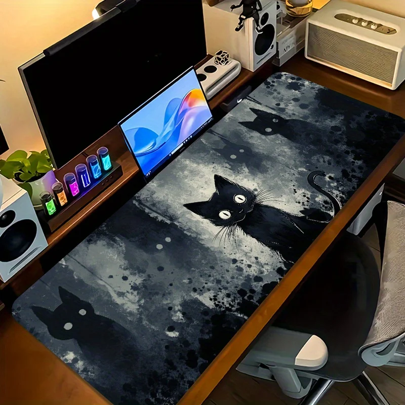 Black Cat Mystical Grunge Desk Mat Large Non-Slip Rubber Mouse Pad for Gaming PC Office