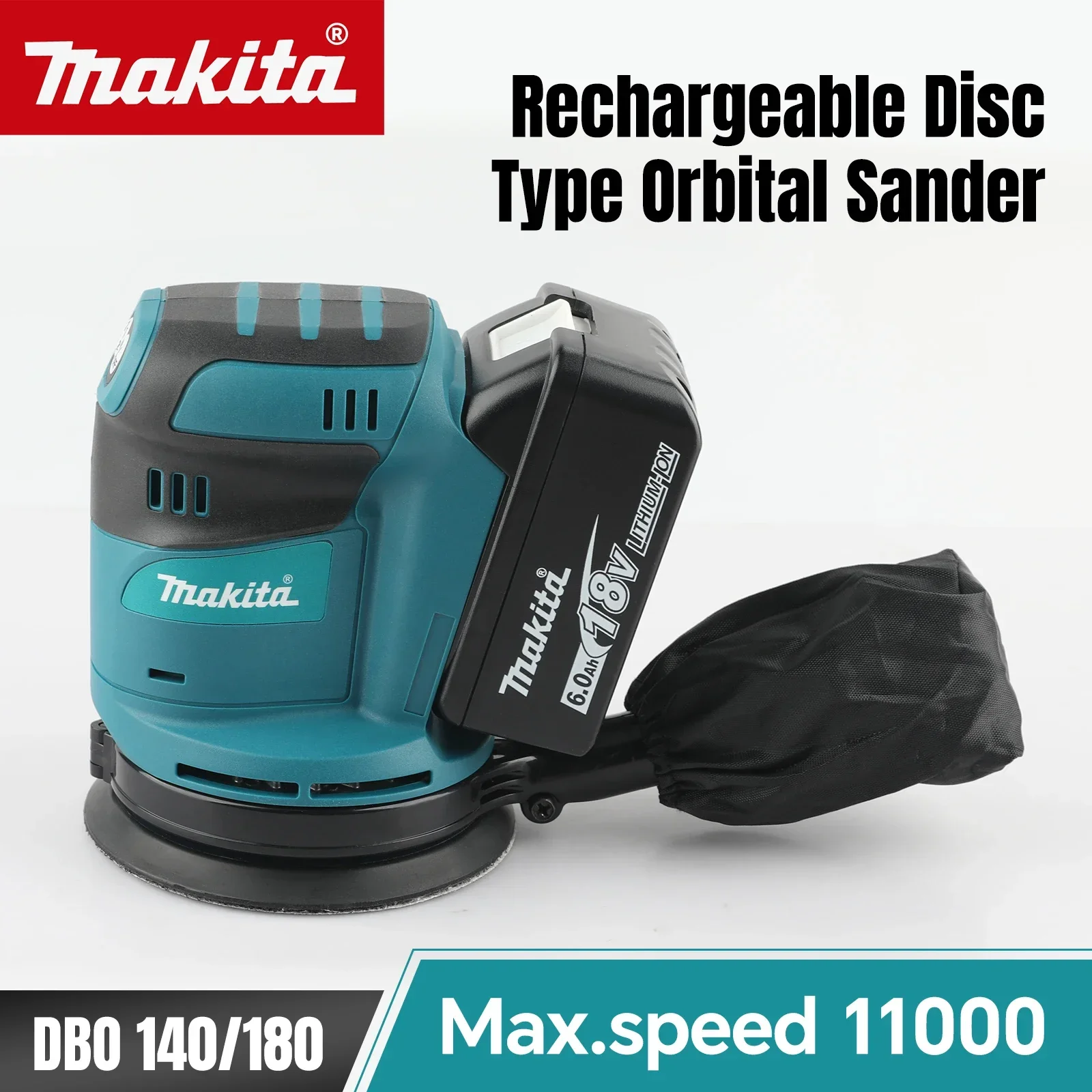 ponceuse-a-disque-makita-dbo140-dbo180-3-reglages-de-vitesse-abrasive-de-125-mm-11-000-tr-min-maximum-collecte-de-poussiere-pour-le-poncage-et-le-polissage