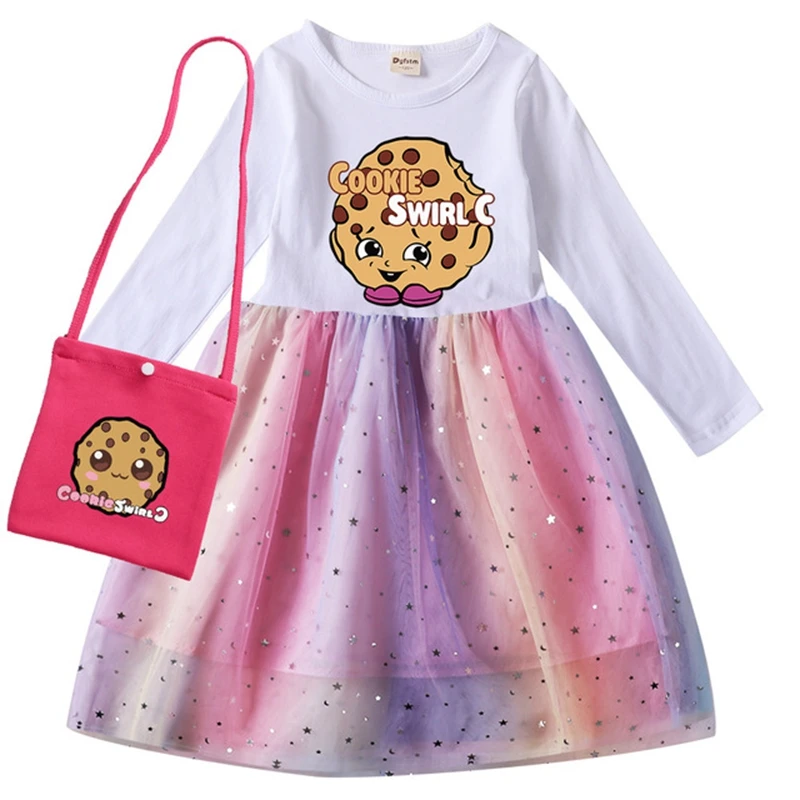 Cookie Swirl C Dress Kids Lace Princess Vestidos Baby Girls Long Sleeve Dress Children Birthday Wedding Party Dresses with bag