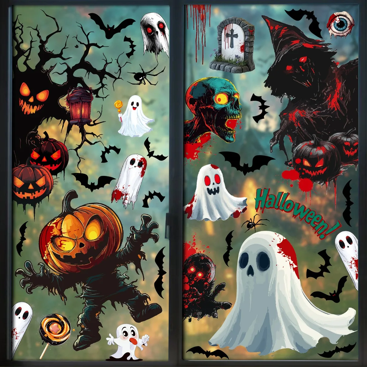 Halloween Wall Stickers Pumpkin Skull Bats Spooky Window Glass Static Stickers Trick Or Treat Happy Halloween Day Party Decor