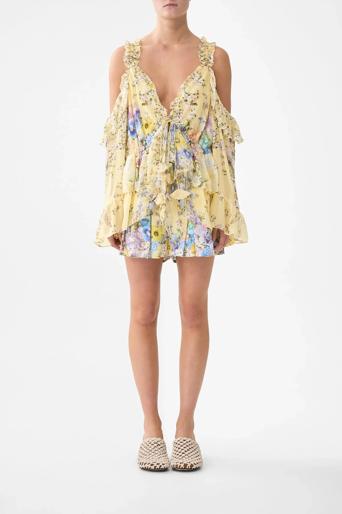 Women's Floral Print Yellow Vest 100% Silk Off-Shoulder Flare Sleeve V-Neck Fashion Tank Tops