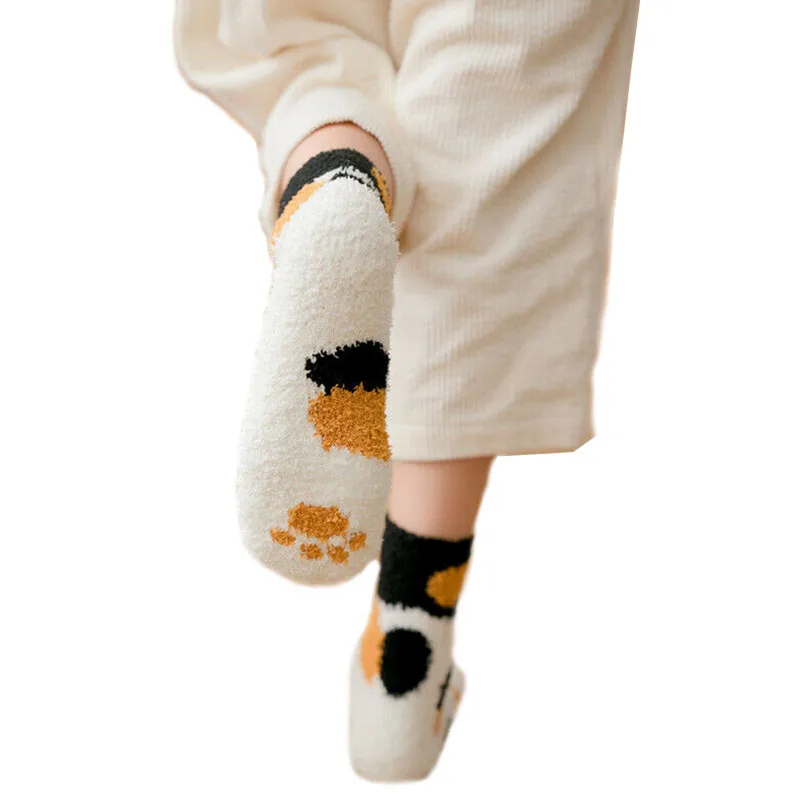 Thick Plush Coral Fleece Meow Cat Paws Floor Slipper Socks Women Warm Winter Autumn Fluffy Fuzzy Tube Sleeping Socks