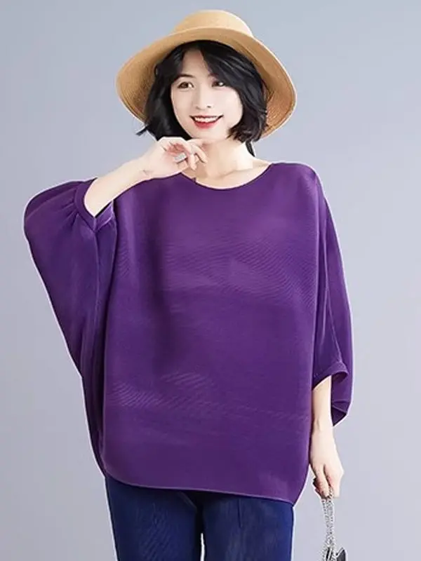 Spring Summer Women's Loose Batwing Sleeve T-shirt Pleated Casual Style Pure Color Spring Awakening Top High Waist Design