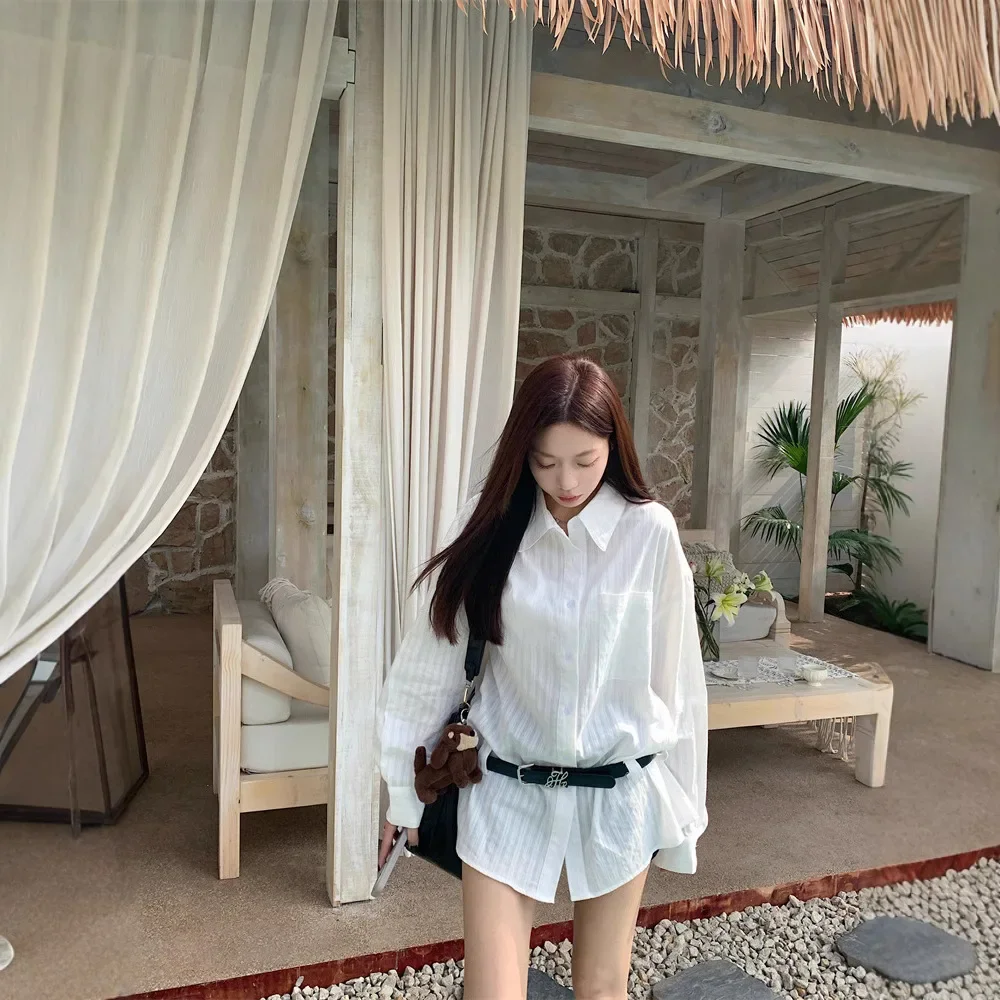 Real Shot ~ 2025 neue Frühjahr lose lässige Langarm-Shirt Damen mittlere und lange Hemdjacke + Gürtel