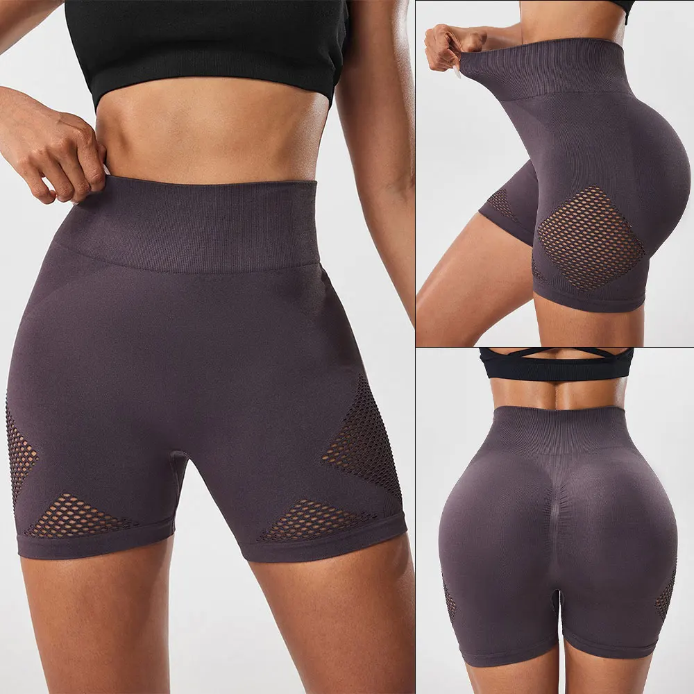 

Женские байкерские шорты из бесшовной сетки с вырезом — шорты для йоги с высокой талией и контролем живота для бега, тренажерного зала, подтяжки ягодиц