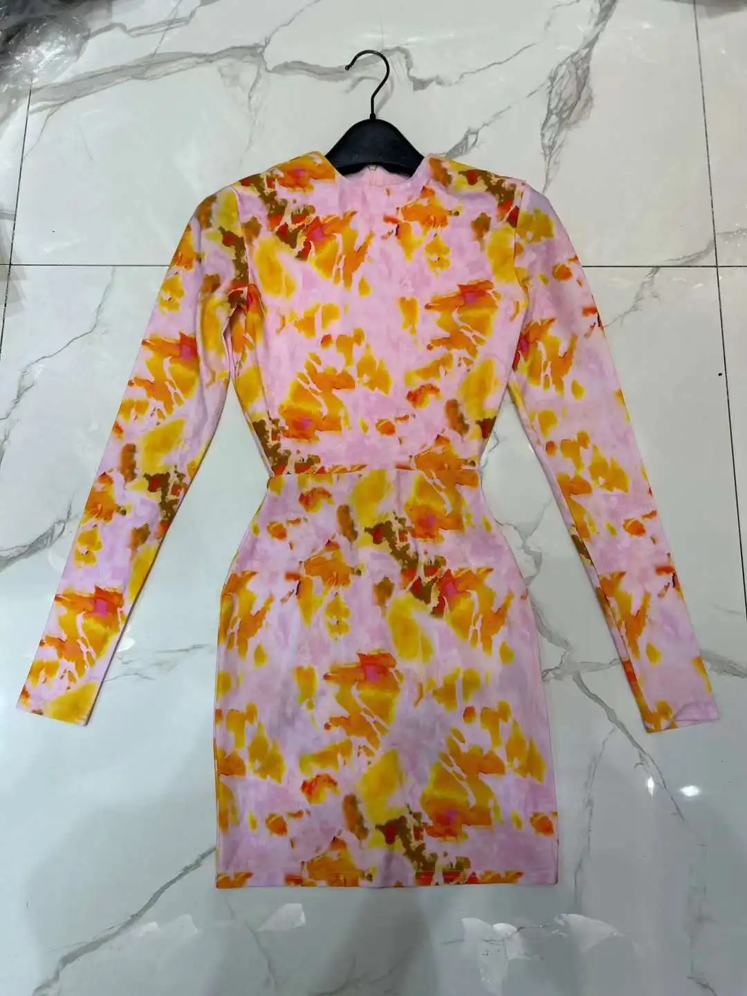 

Vintage 2024 New Arrivial Spring Summer High Quality Orange Floral Print Long Sleeve Slim Tight O-Neck Mini Dress