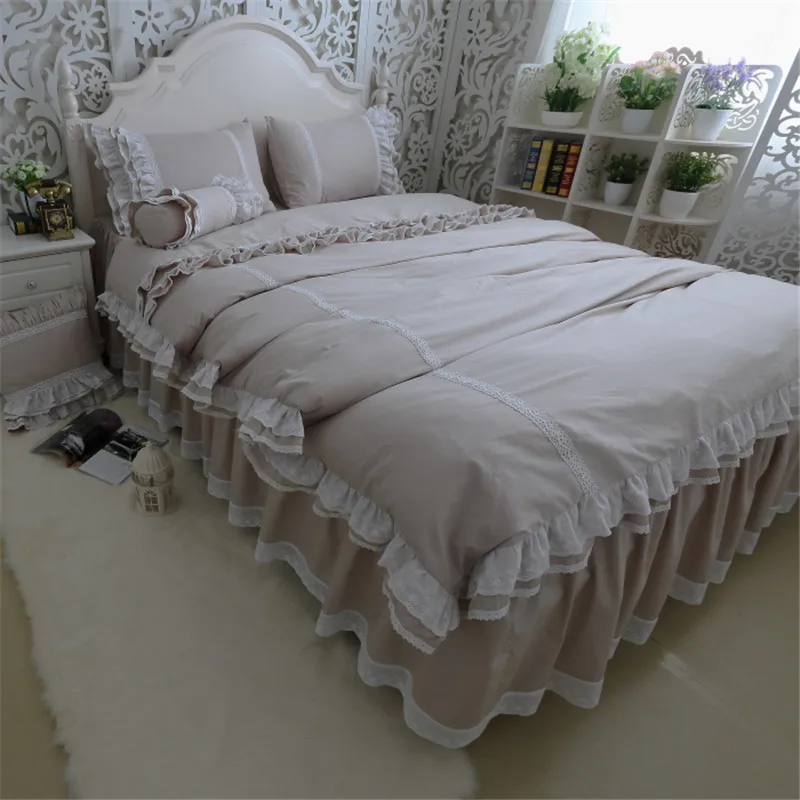 Solid color Multi Layers Ruffles Lace edge Duvet cover Bed skirt Pillow shams 4Pcs Queen King size Girls 100%Cotton Bedding set