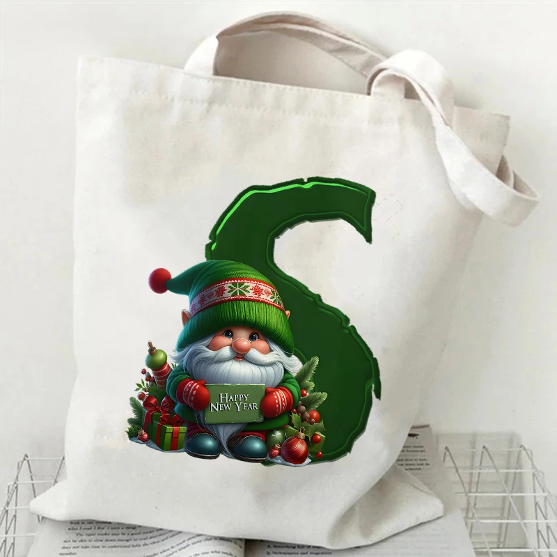 موضة A-Z 26 رسالة حقائب النساء الأخضر سانتا كلوز الرسم قماش حمل حقيبة تسوق حقائب كتف سعة كبيرة