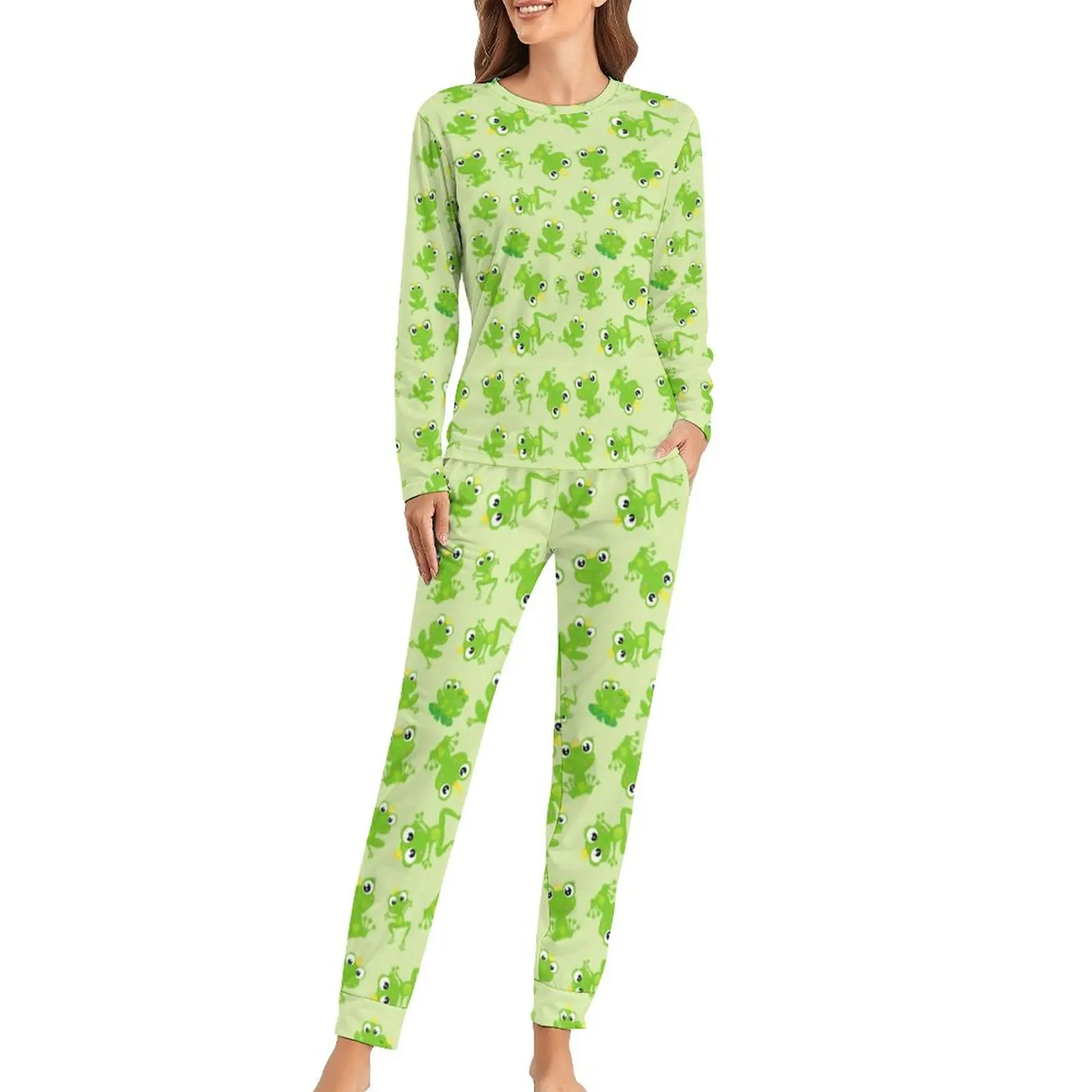 Cute Frog Pajamas Green Animal Print Warm Pajamas Set Lady Long Sleeve Room Nightwear 4XL 5XL 6XL