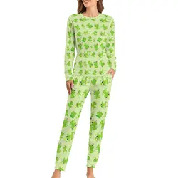 Cute Frog Pajamas Green Animal Print Warm Pajamas Set Lady Long Sleeve Room Nightwear 4XL 5XL 6XL