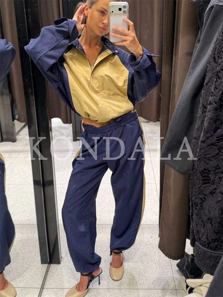 KONDALA Women Elegant Sports Style Suit New 2026 Summer Early Fall Trendy Casual Trousers Set Zip-up Jacket, Elastic Waist Pants