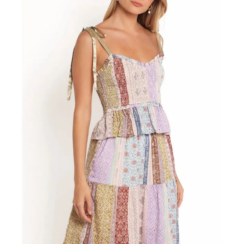 Combhasaki Women Summer Boho Floral Print Contrast Color Silky Straps Tied Sleeveless Ruffle Trim Smocked A-Line Cami Long Dress