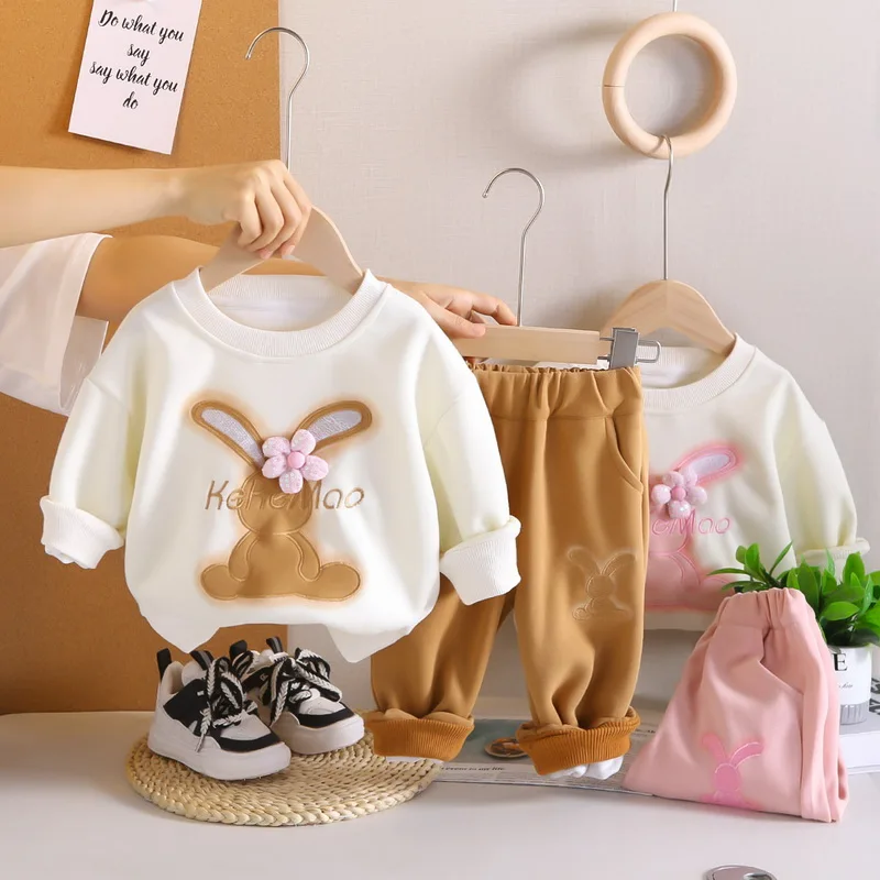 

Модная детская одежда, костюм, весенняя детская одежда, толстовки с милым кроликом для девочек + штаны, комплект из 2 предметов, спортивные костюмы для маленьких девочек, От 1 до 5 лет