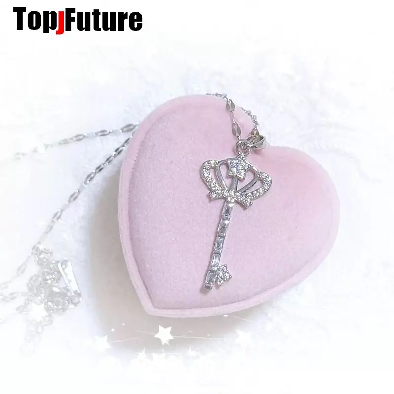 Handmade Lei Style Mass Produced Subculture Japanese Transparent Exquisite Full Diamond Crown Heart Key Necklace Clavicle Chain