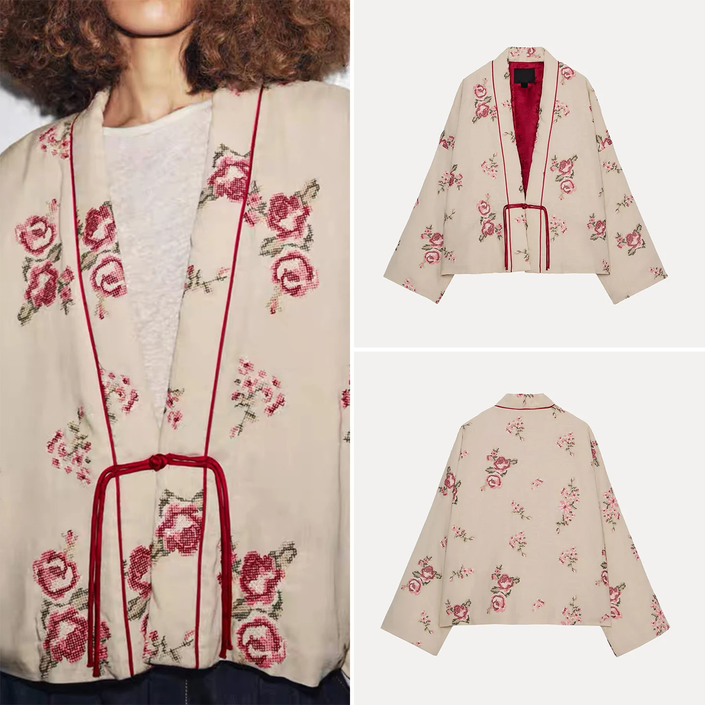 

Z Women's Faion Floral Embroidery Long Sve V-Ne Cotton Jaet 2025 New Sle Stand Fit ort Outerwear