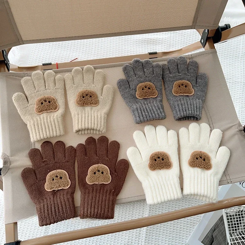 3-7Y Baby Cartoon Bear Mittens Winter Warm Kids Girl Solid Doll Gloves Knitted Children Toddler Thick Teething Mitten Handschoen