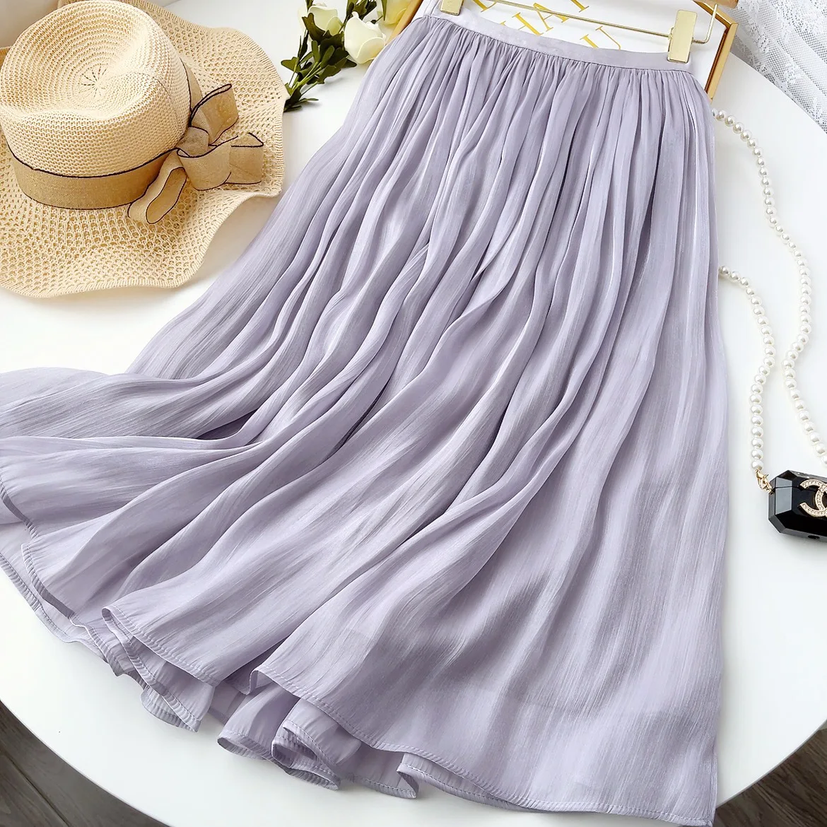 Mercerized Organza Fabric Mid-length A-line Skirt High Street Draped Flowy Skirt for Women Summer