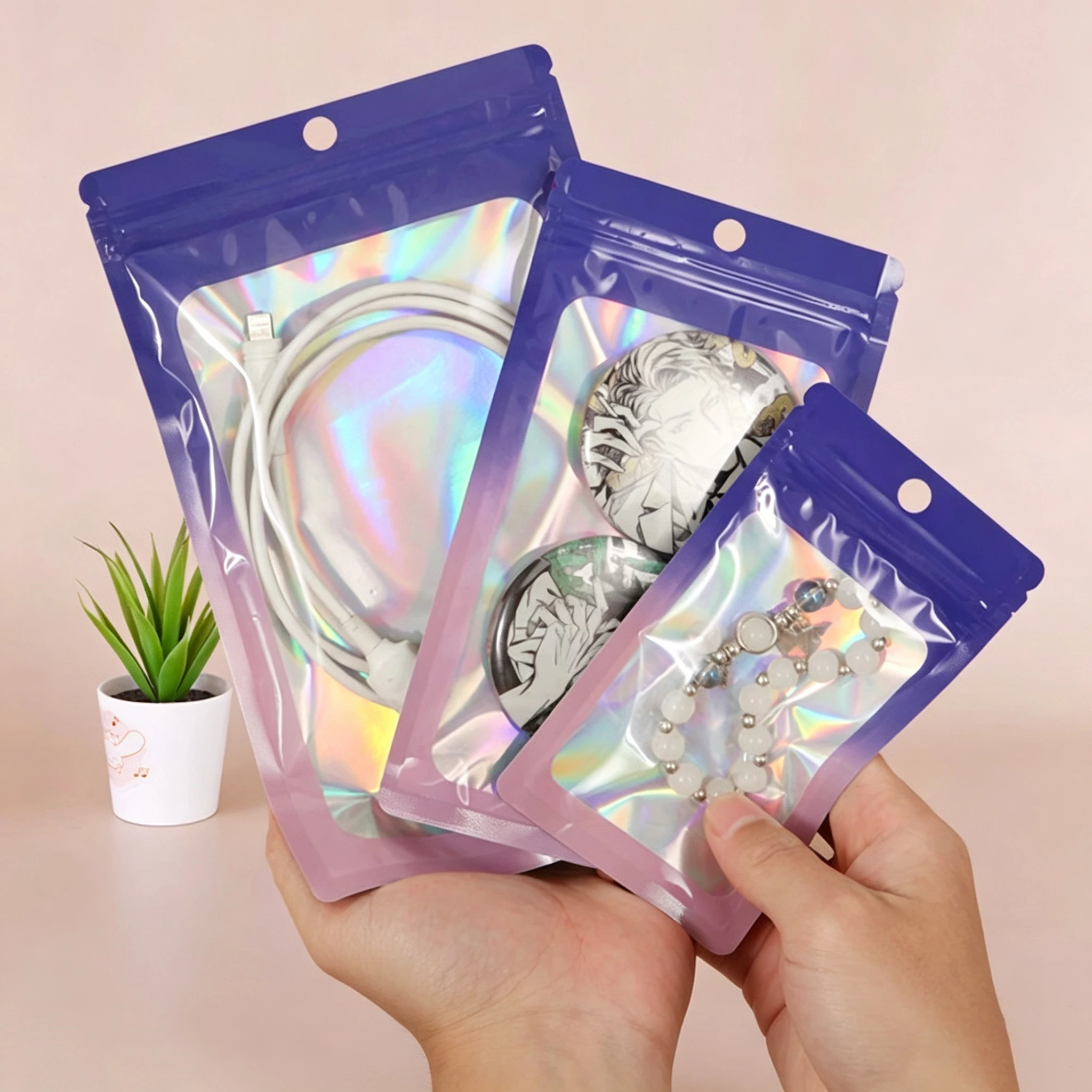 50PCS Blue Purple Gradient Holographic Zipper Pouches, Clear Window Bags for Jewelry Photocard Storage Bag
