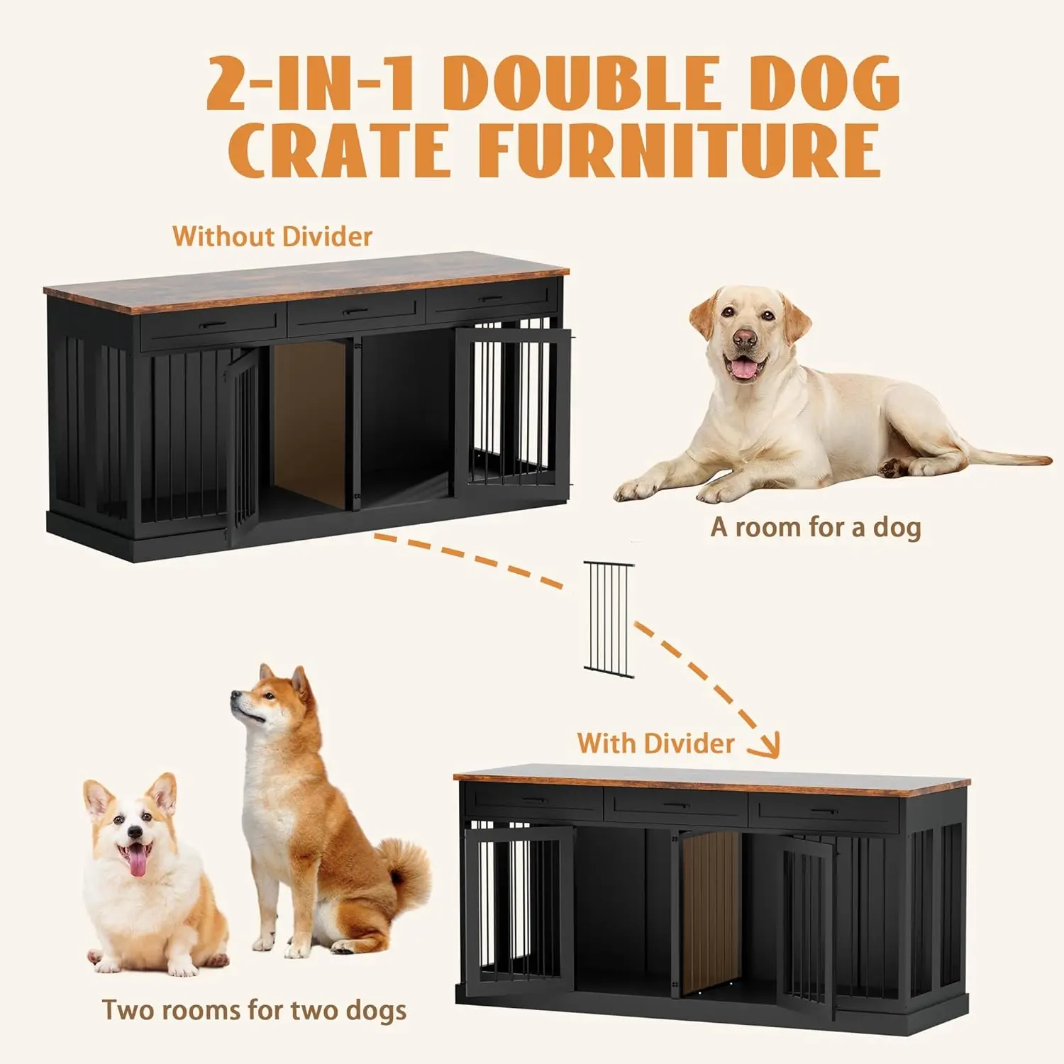 70.9 بوصة أثاث قفص الكلب ل 2 الكلاب قفص كلب مزدوج خشبي شديد التحمل أثاث بيت الكلب حامل تلفاز