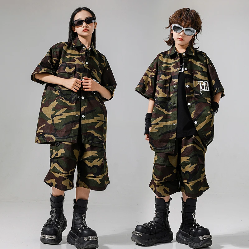 Mädchen Hip Hop Kleidung Camo Hemd Shorts Outfit Jungen Street Dance Jacke Kind Jazz Sommer Kleidung Sets Kinder Streetwear Kostüme