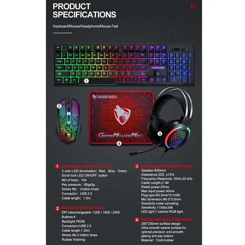 T-WOLF TF400 4 em 1 conjunto de jogos Rainbow Gamers teclado mouse mousepad e fones de ouvido combo para laptop