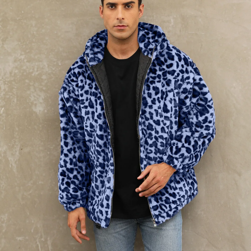 Autumn and Winter Warm Plush Leopard Print Jacket Imitation Fur Zipper Hooded Jacket for Men