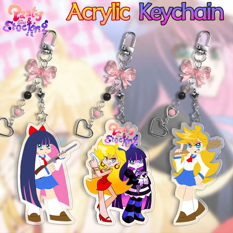 

Fro Panty&Stocking with Garterbelt 6cm Double Layer Acrylic Keychain Anime Panty Stocking Bow Accessories Metal Buckle Pendant