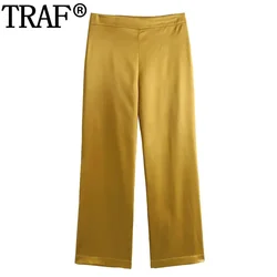 TRAF 2024 Women's Trousers Gold Satin Pants Women High Waist Baggy Pants Woman Autumn Winter Straight Office Casual Pants