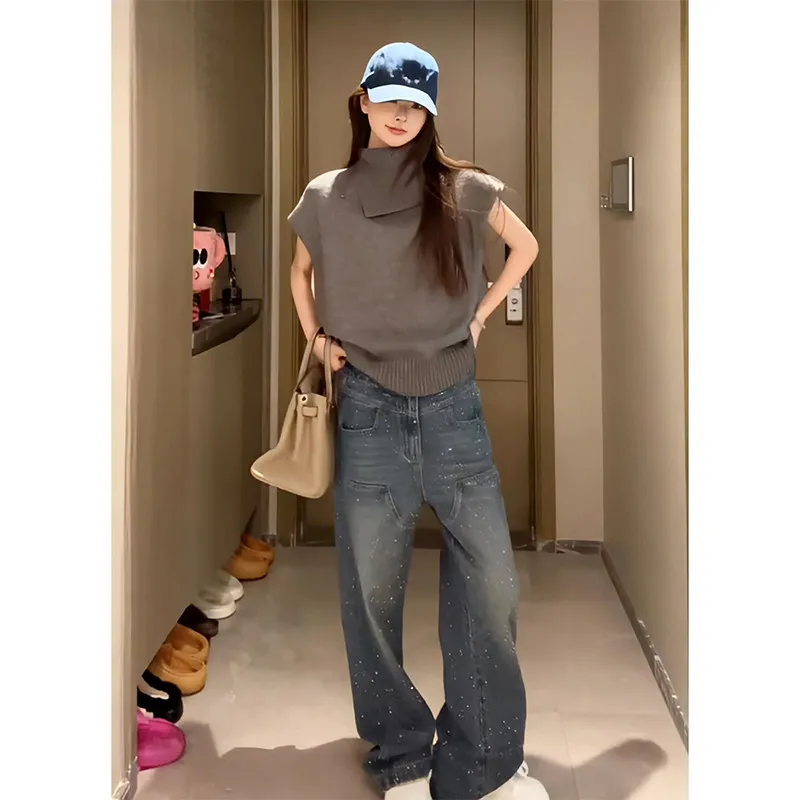 

American Sle Blue Heavy Du Rhinestone Denim Jeans Women's Loose Slim Straight Wide Leg Long Pants High Waist No Stretch