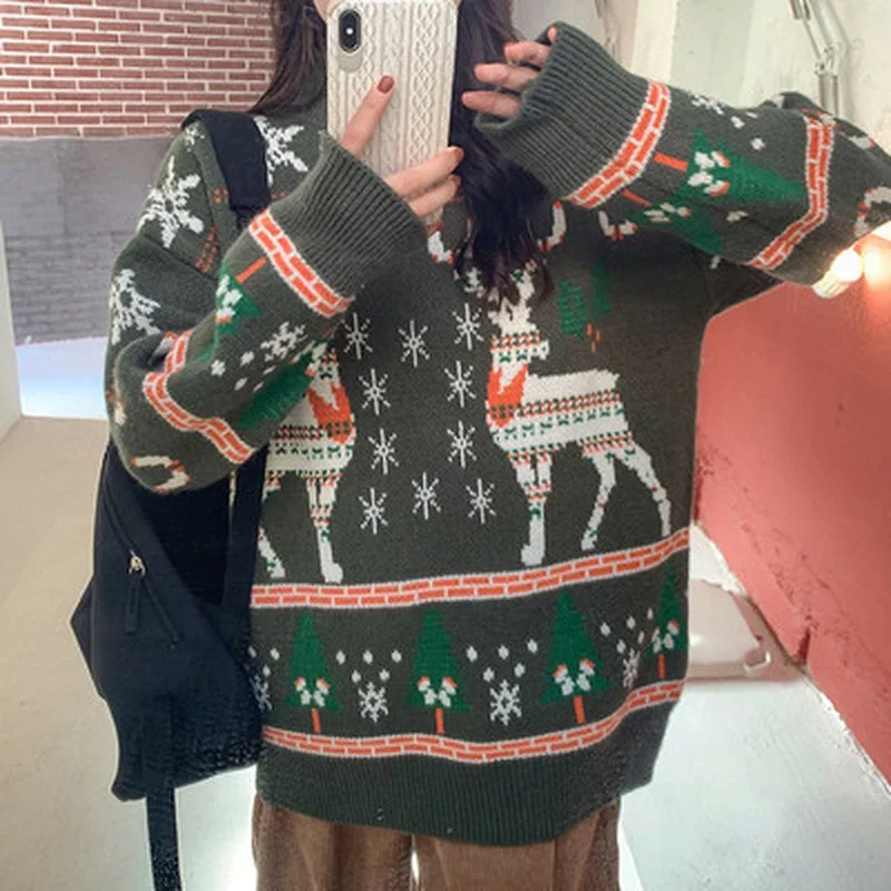 Donna Elk maglioni autunno inverno oversize natale maglione lavorato a maglia donna 2022 rosso verde sciolto top Femme Chandails Pull Hiver