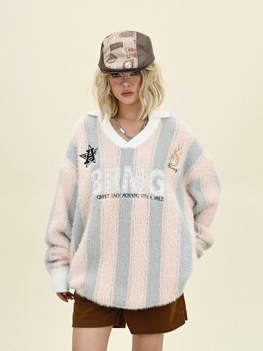 Soft Waxy Striped Sweaters Women's 2024 Winter New Loose Bf American Trendy Brand Knitted Top