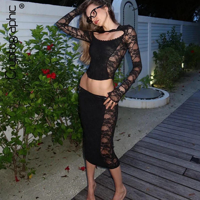 Cryptographic Sweet Female Clothing Fashion Long Sleeve Hollow Top Maxi Skirt Set Fantasy Floral Lace Slim Youth Girls' Outfit