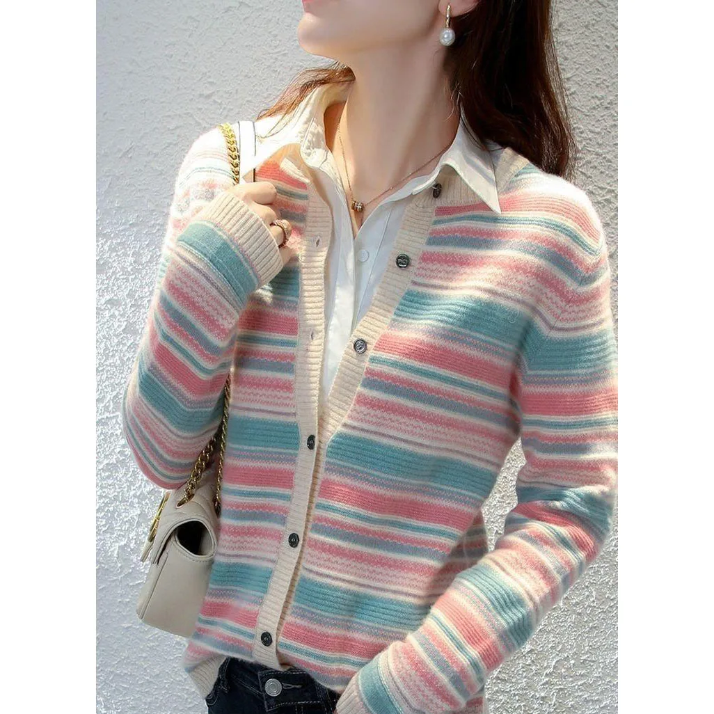 Women Thin Stripe Cardigan Spring Autumn Long Sleeve O-Neck Knitted Sweater Jacket Female Color Matching Wild Knit Tops Mujer