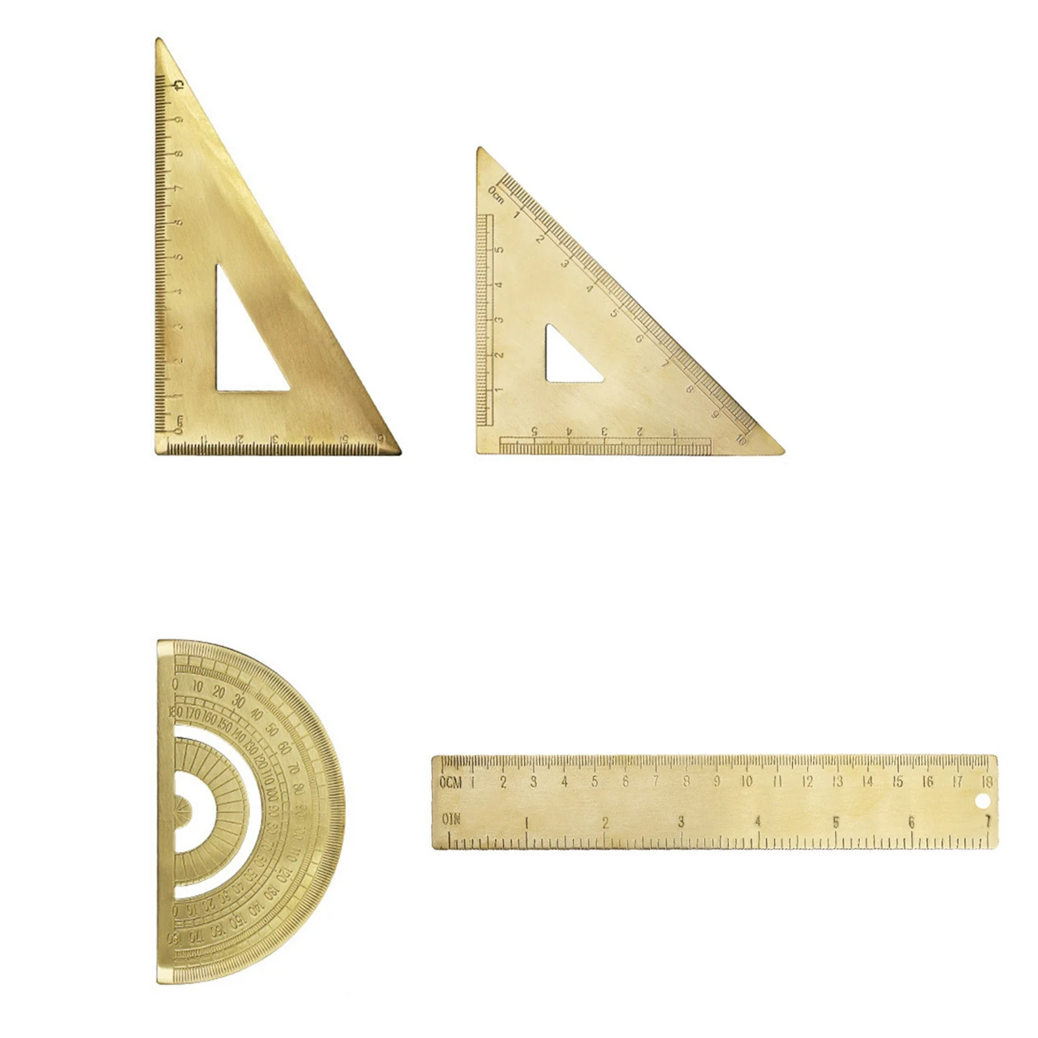 HJ-4Pcs Measuring Ruler Set Drawing Instruments Include Brass Protractor Isosceles Right Angle Triple-Cornered Ruler