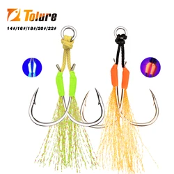 TOLU 10Pcs Metal Jig Tail Assist Hooks 13-22# With PE Line Feather Solid Ring Jigging uv Fishhook for 10-120g Lure Fishing Hooks
