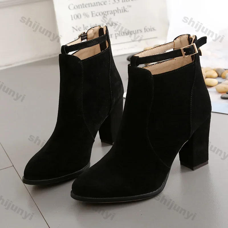 Woman Suede High Heel Ankle Boots British Style Fashion Thick Heel Pointed Back Zipper Boots Women Square Heeled Short Booties