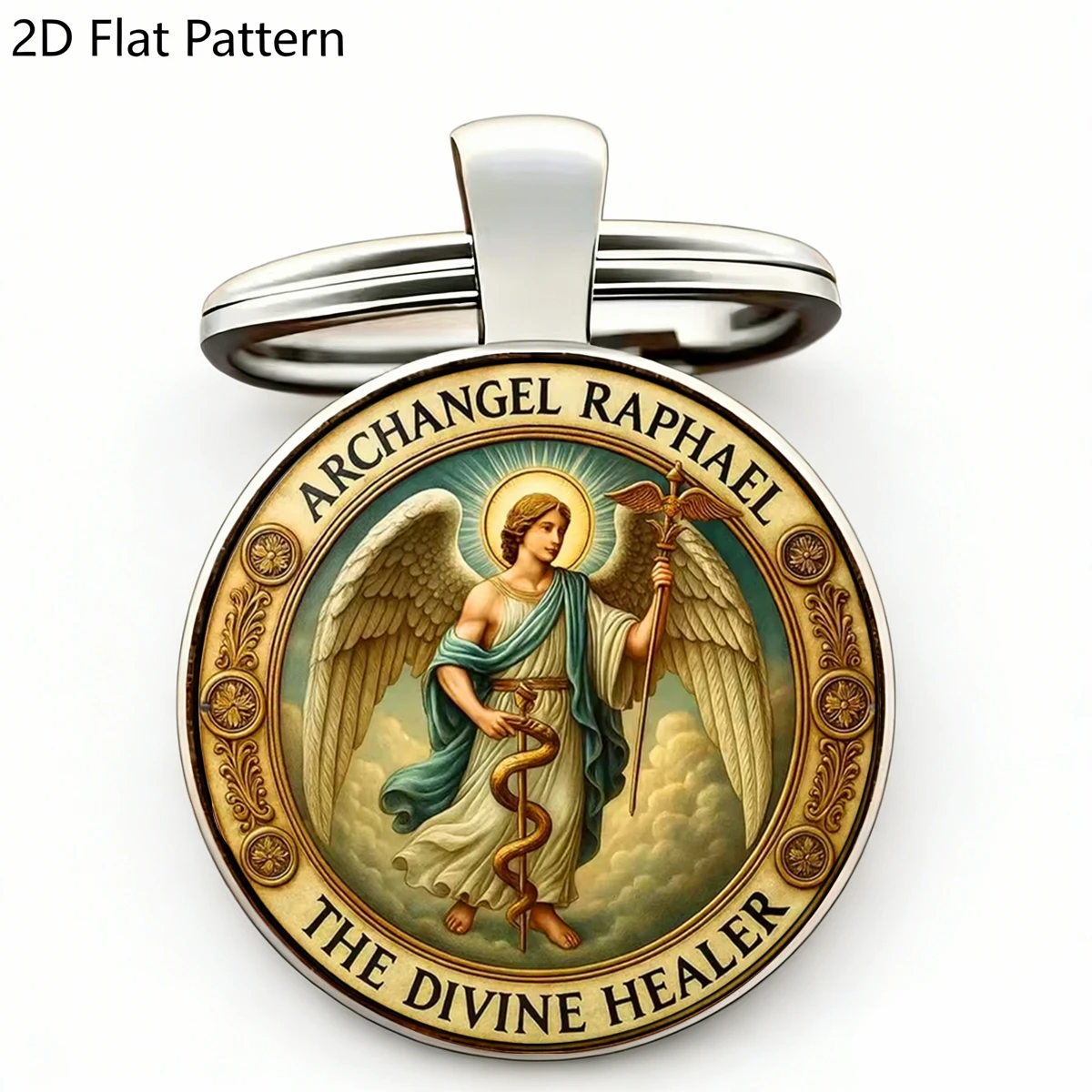 1Pc Archangel Raphael The Divine Healer Keychain Glass Dome 2D Metal Key Ring Religious Catholic Faith Bag Pendant Keyring