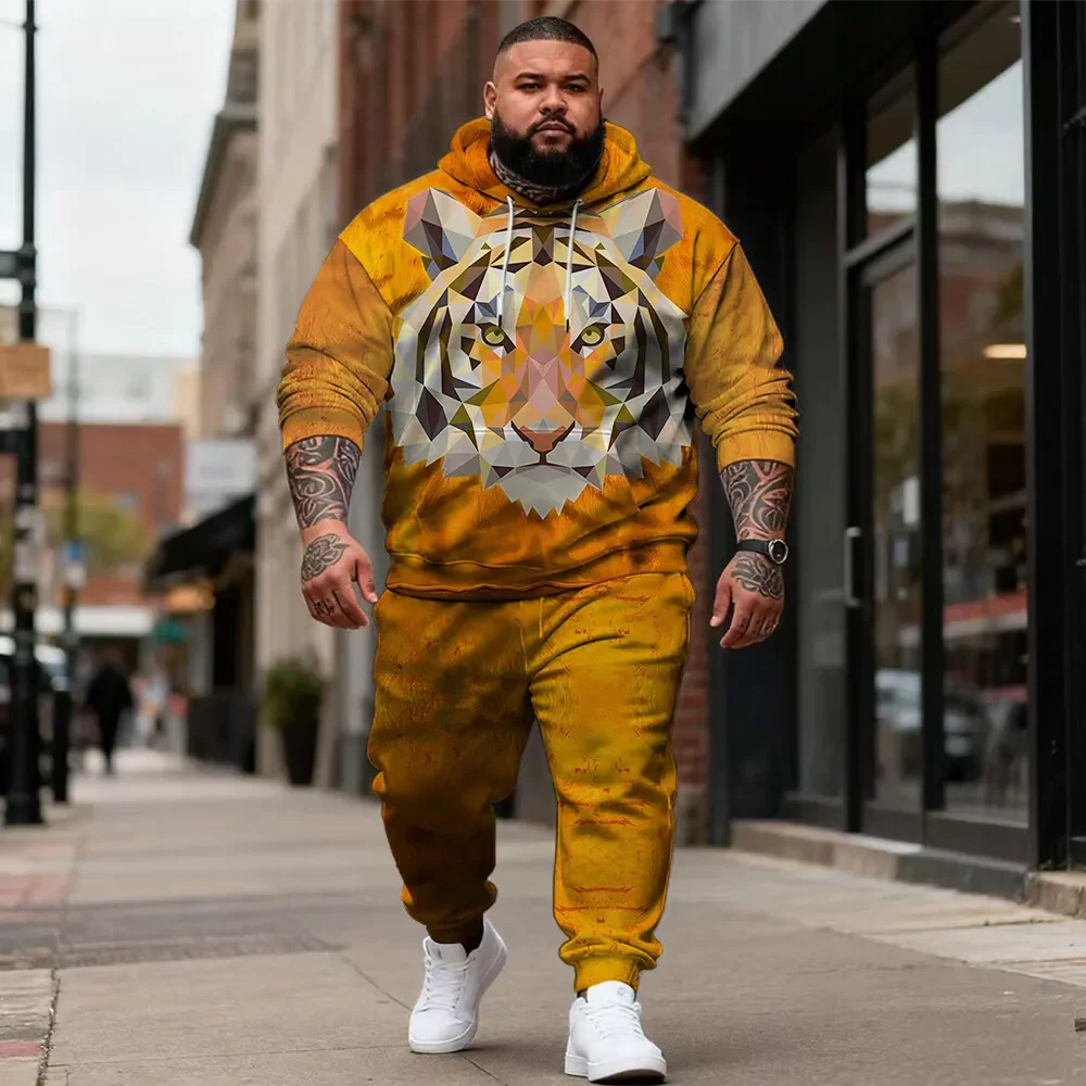 Men's Plus Size 2 Piece Tiger Head Print Pullover Hoodie and Jogger Pants Set, Neon or Geometric Designs for Streetwear, S-9XL