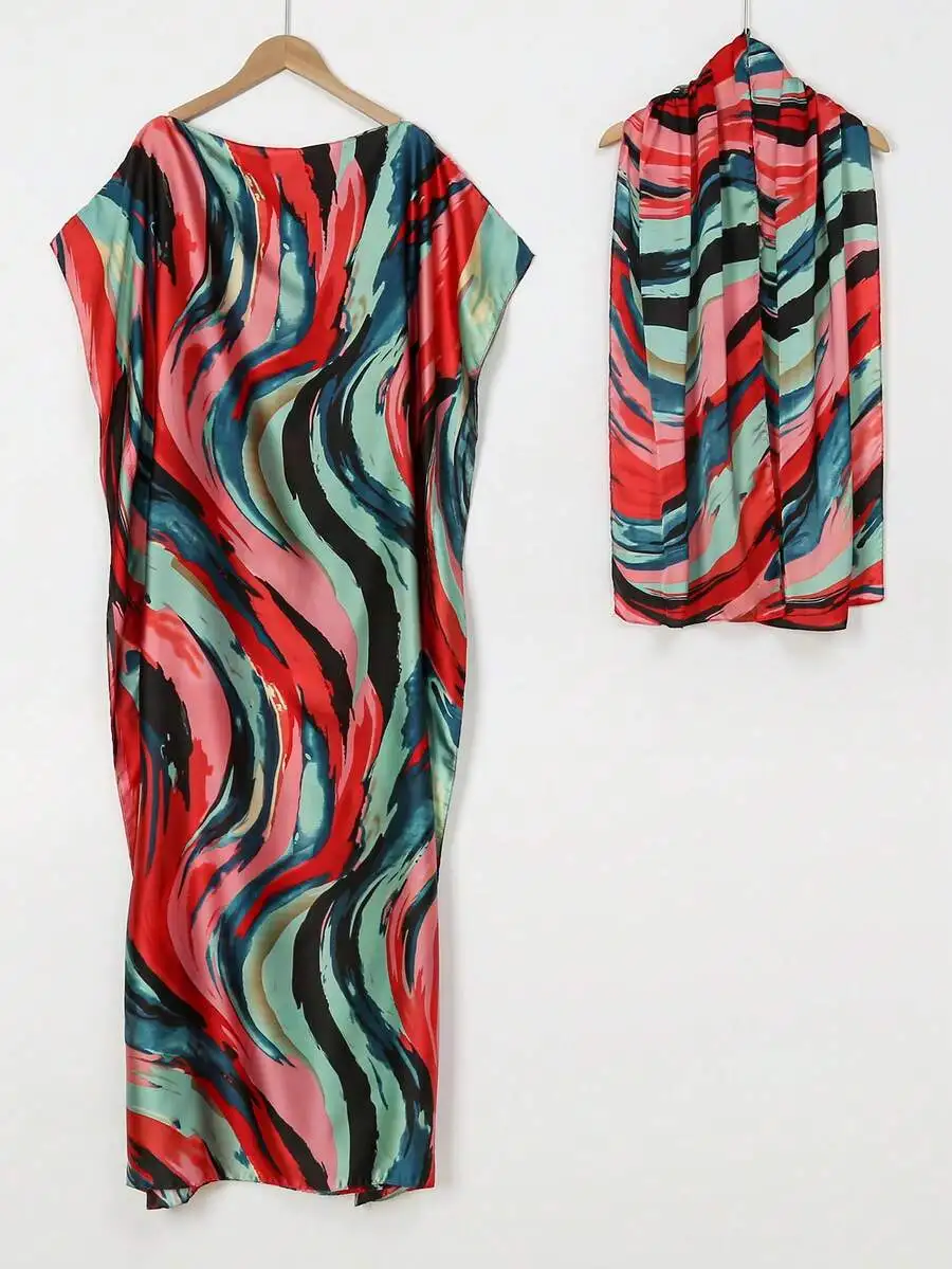 

2pcs Set Women Abstract Print Faux Silk Poncho Top And Shawl For Spring Summer Beach Casual Vacation