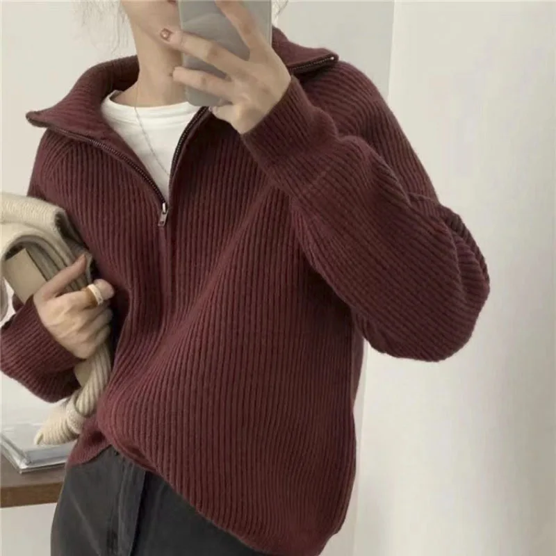 

Sweater Cardigan Women Spring New Solid Vintage All-match Elegant Zipper Loose Daily Soft Sweet Simple Casual Knitwear New Top