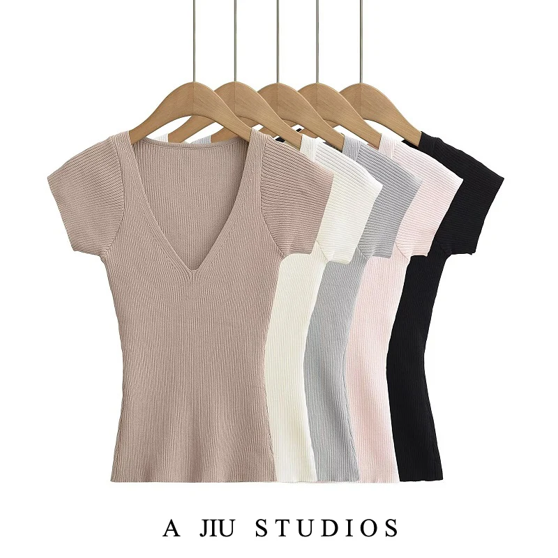 

Pure Desire Pink V-ne ort Sve Вязаный топ Женская летняя футболка Sweet Spicy ort Street Sle Slim Fit с завязкой на талии