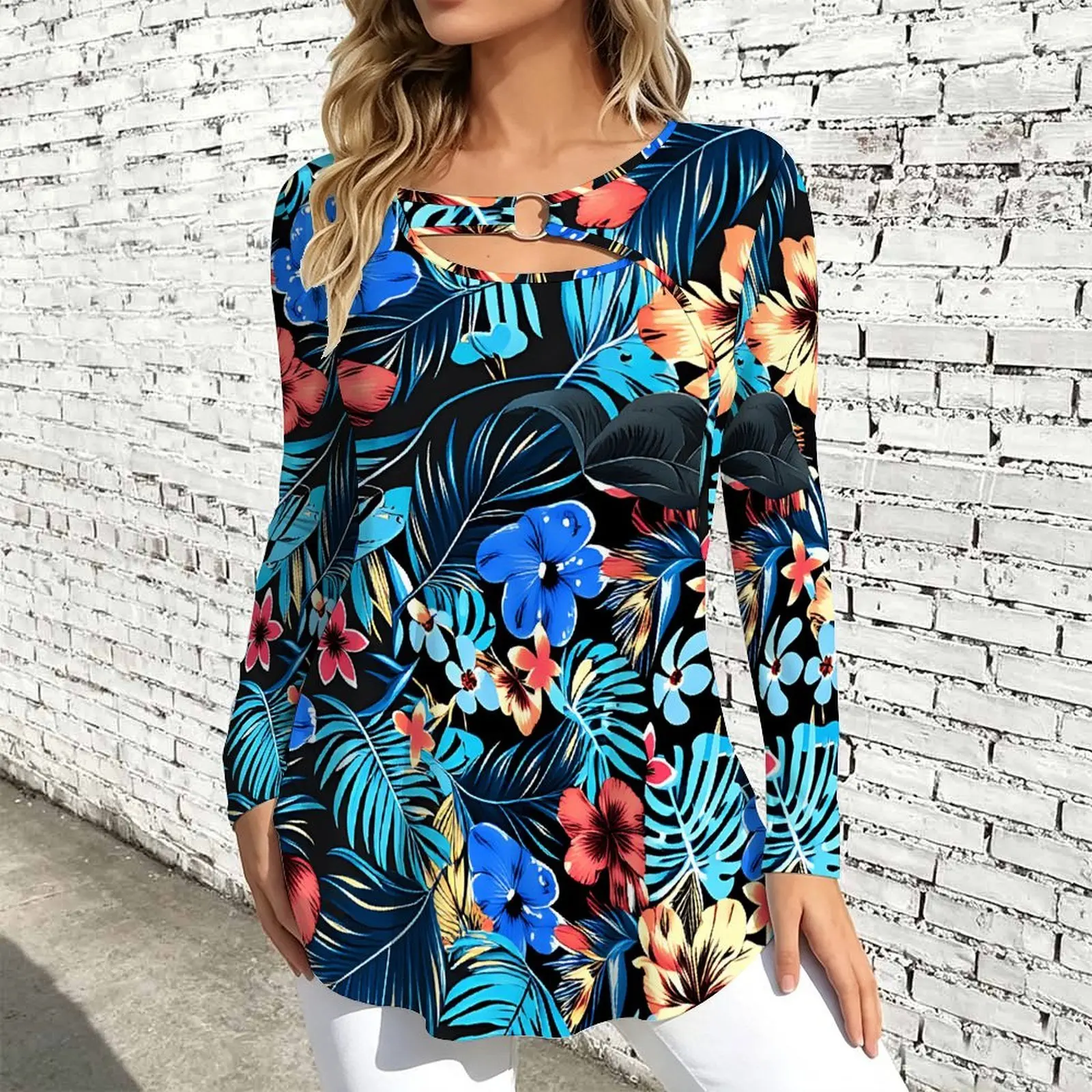 Women Long Sleeve Tunic Top Print O Ring Cutout Neck Loose A Line Hem Casual Ladies Blouse