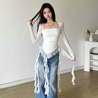 Ruffle Long Sleeve Sexy T-Shirts Fashion Women Y2K Irregular Asymmetrical Korean Crop Tops Casual Sheer Mesh Autumn Chic Tees