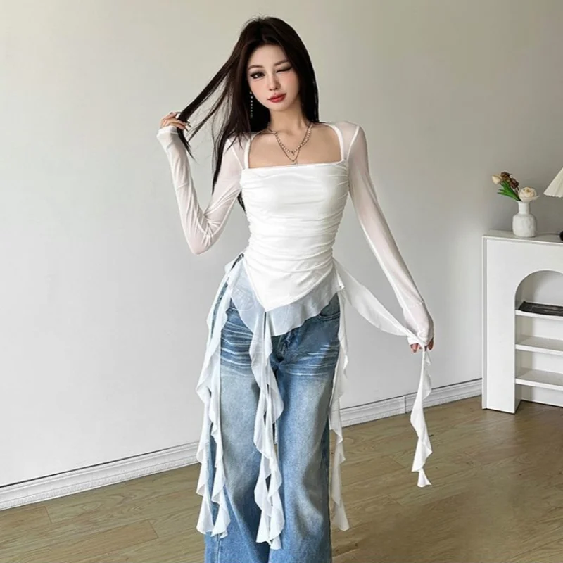 Ruffle Long Sleeve Sexy T-Shirts Fashion Women Y2K Irregular Asymmetrical Korean Crop Tops Casual Sheer Mesh Autumn Chic Tees