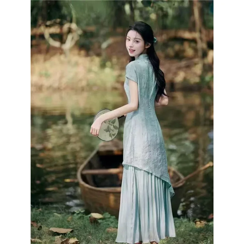 Traditional Chinese Style Irregularly Modified Cheongsam Waist-cinching Slimming Zen-inspired Tea Dress Design Sense Girl Dress