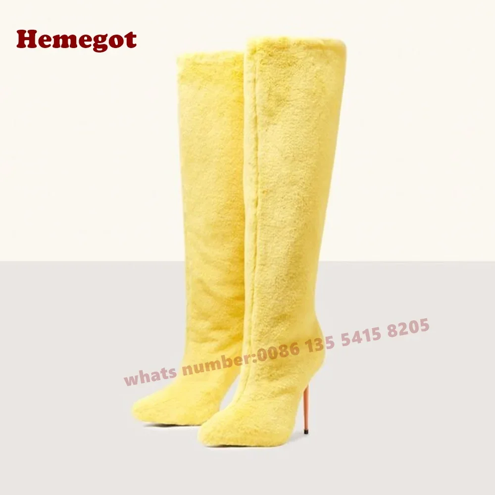 Round Toe Splicing Stiletto Women's Long Boots Yellow Fur Knee High Boots Thin High Heels Slip On Solid Warm Plush Winter Shoes