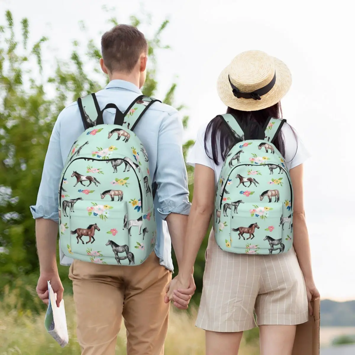 Horses And Flowers, Mint Blue, Horse Art Student Backpack School Bag Travel Daypack for Boys Girls Fashion Bookbag Shoulder Bags