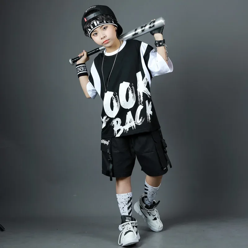 

Fashion Boys Street Dance Clothes Sets Summer Black Letter Print T Shirt Shorts Outfits Group Cool Streetwear Hip Hop Costumes