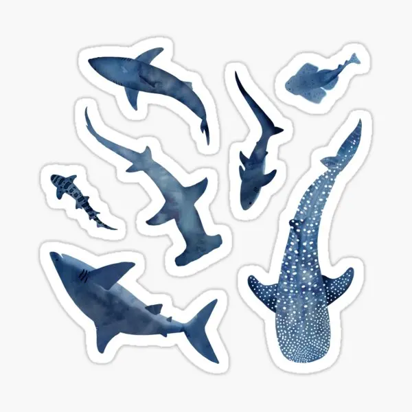 Monochrome Blue Watercolour Shark Ocean  5PCS Stickers for Background Window Water Bottles Luggage Living Room Print Stickers