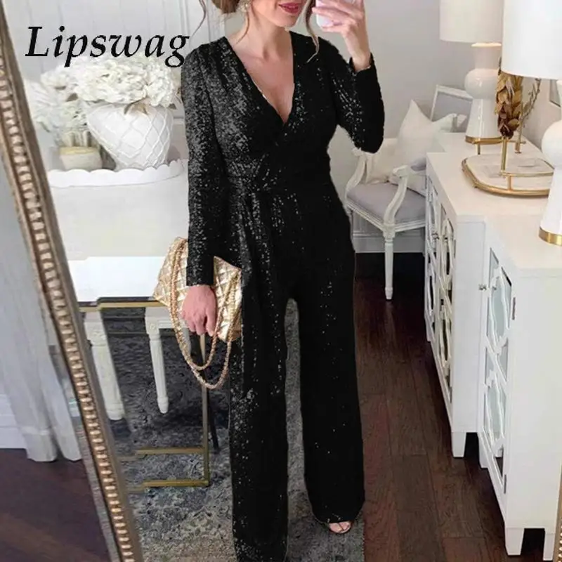 Winter Elegant Draped Long Sleeve Women's Romper Winter V Neck Wide Leg Club Combination Fashion Sequins Lace Up Party Jumpsuit